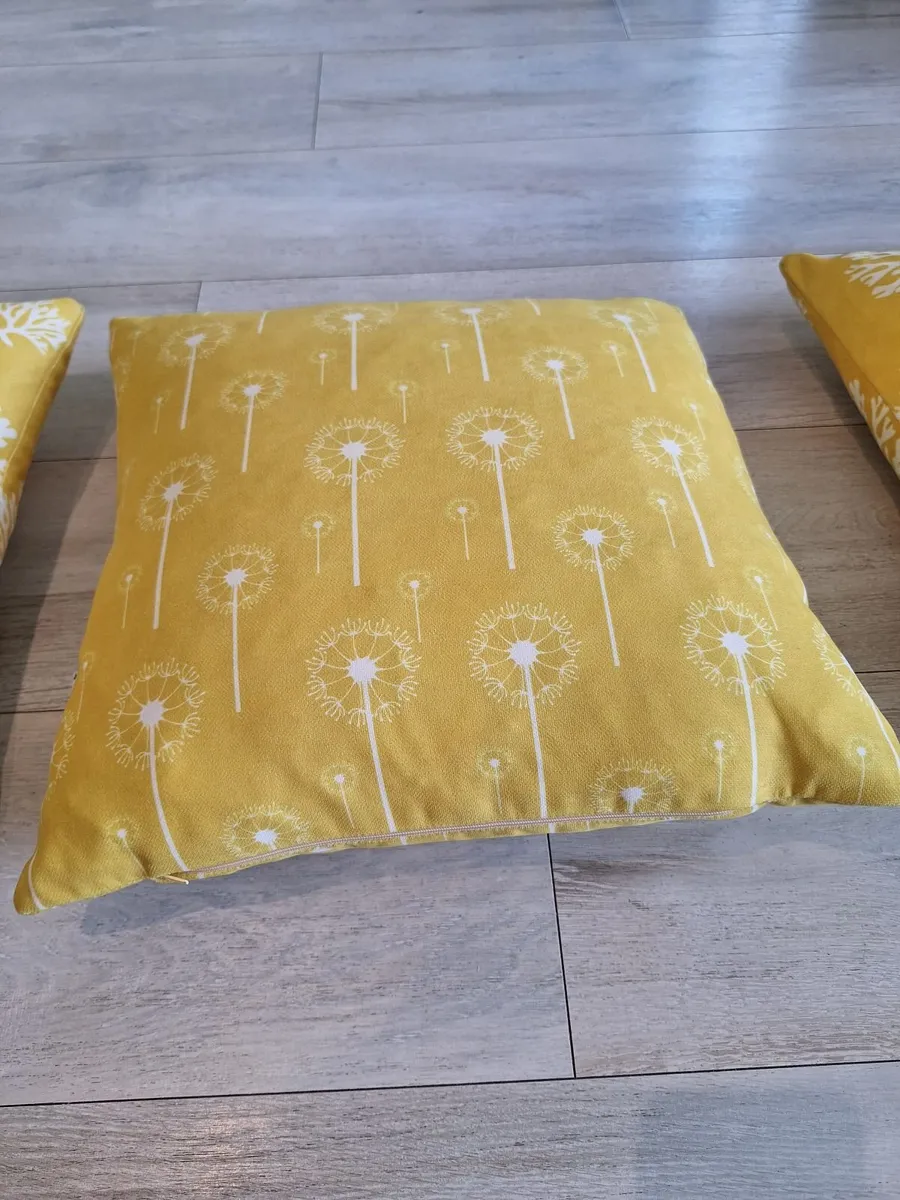 3 Cushions Mustard Yellow and White - Image 3