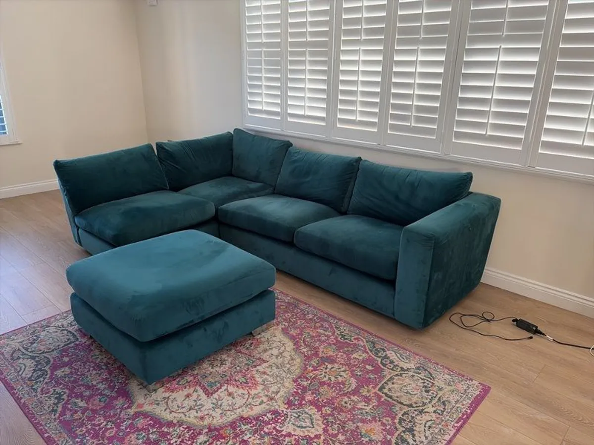 Teal Blue L shaped couch and footstool - Image 1
