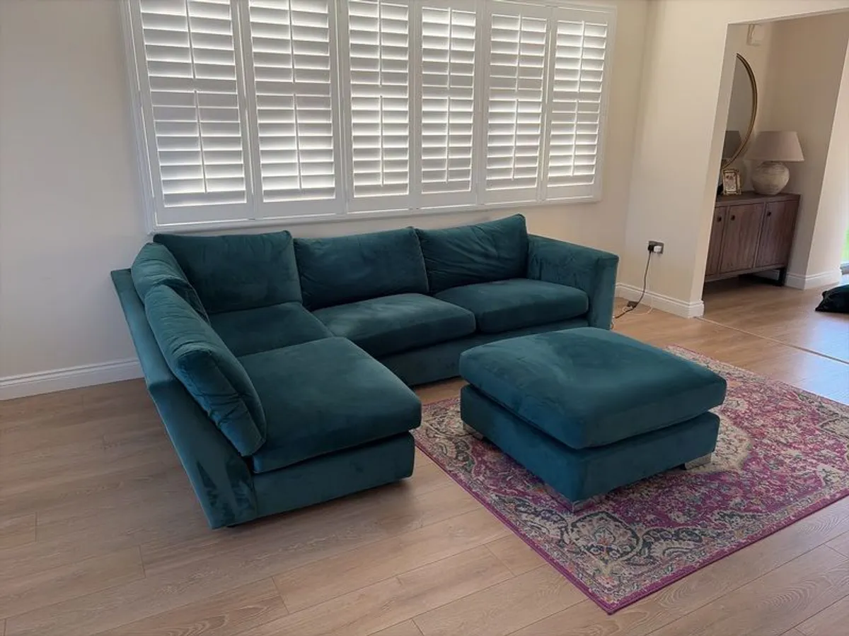 Teal Blue L shaped couch and footstool - Image 2