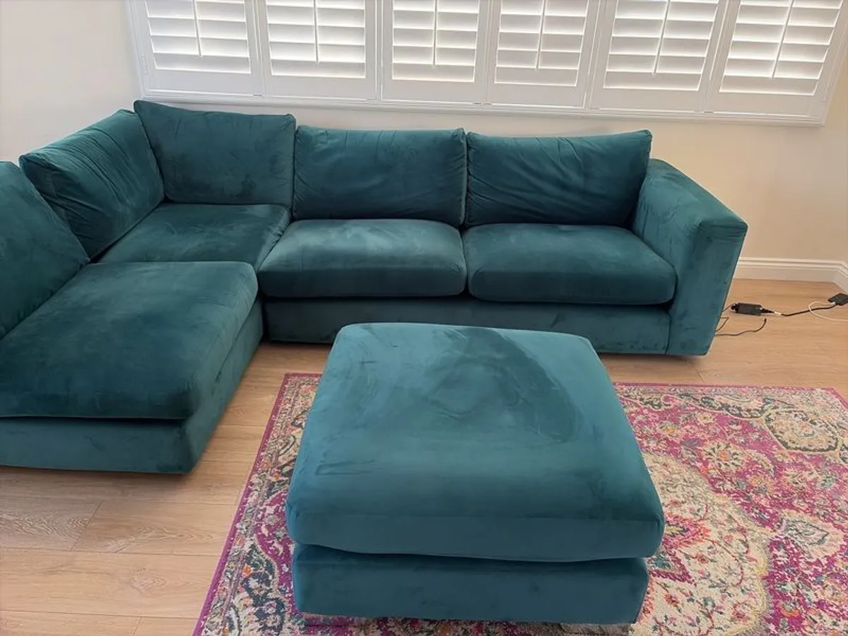 Teal Blue L shaped couch and footstool - Image 3
