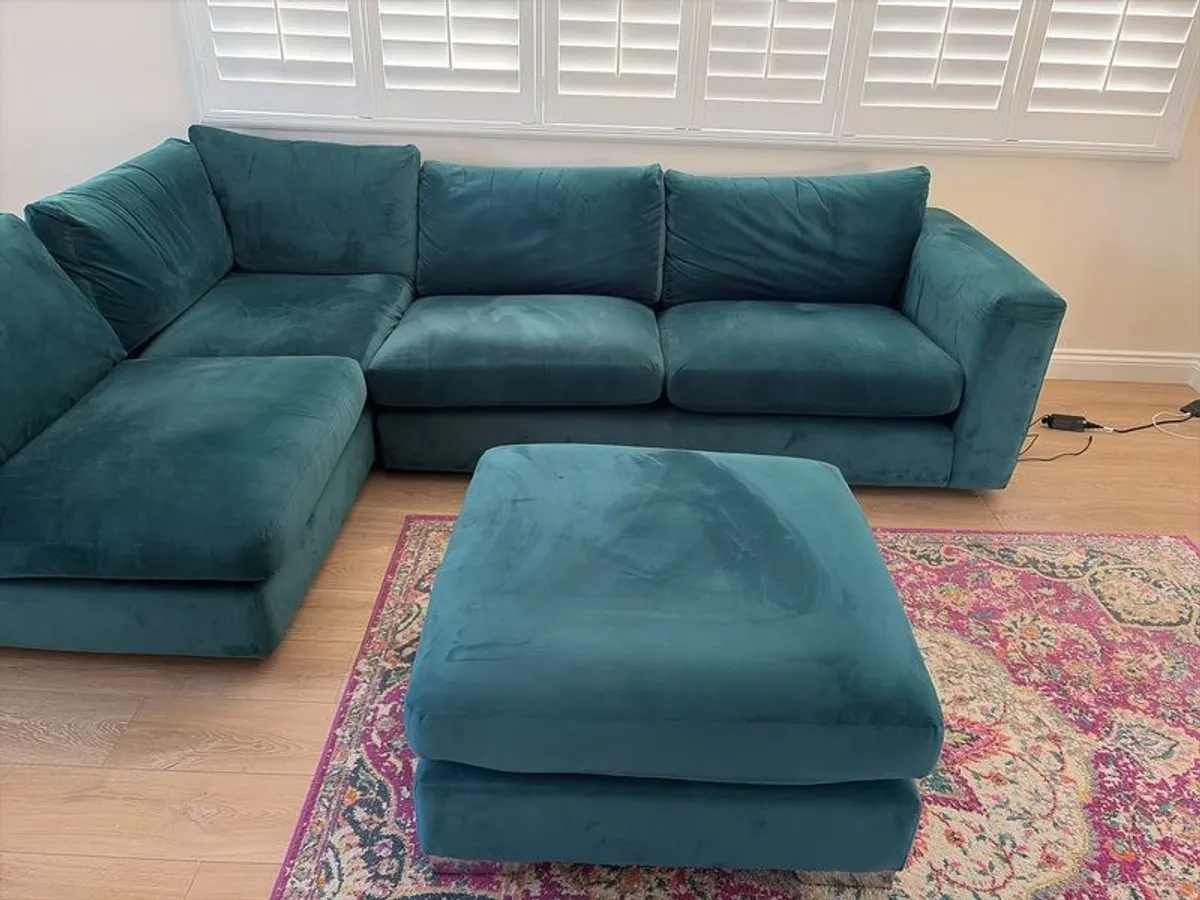 Teal Blue L shaped couch and footstool - Image 4