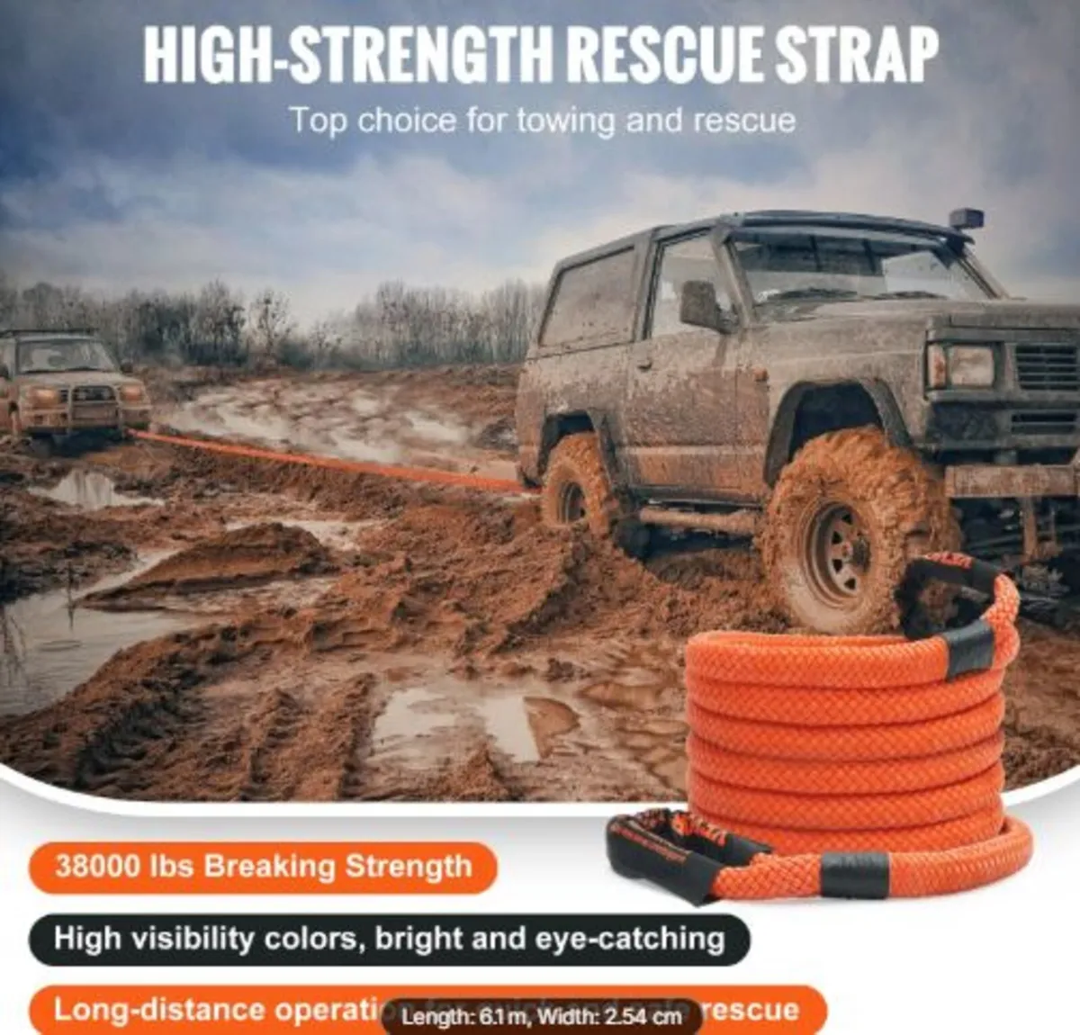 1" (2.54 cm) x 20'/6.1m Kinetic Recovery Tow Rope - Image 3