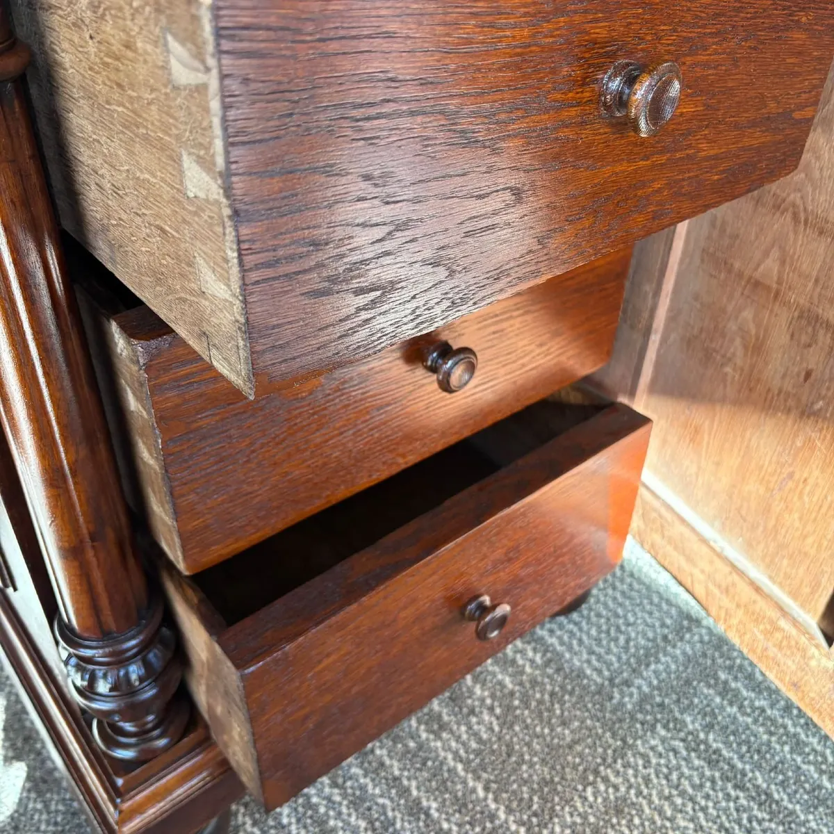 Classic wooden twin pedestal desk with a dark gree - Image 4