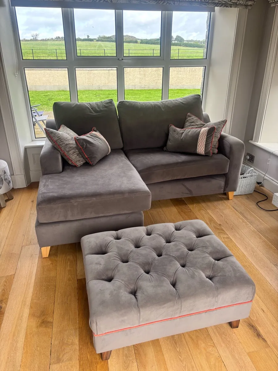Grey 2 seater sofa with matching footstool - Image 2
