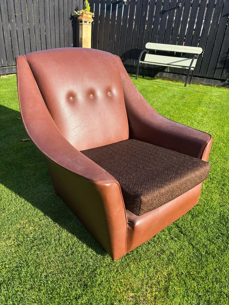 Vintage mid century brown vinyl faux leather arm