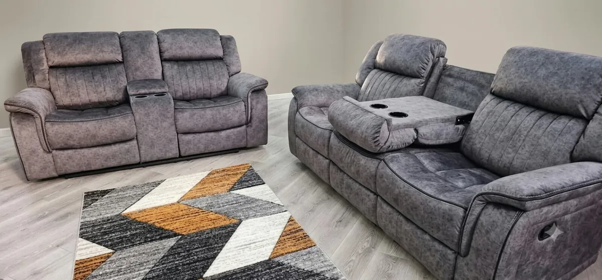 Gresham Grey & Beige Fabric Recliner Sofa Set - Image 1
