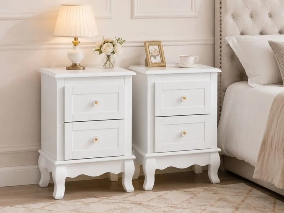 Set of 2 White Bedside Tables with Drawers Elegant - Image 1