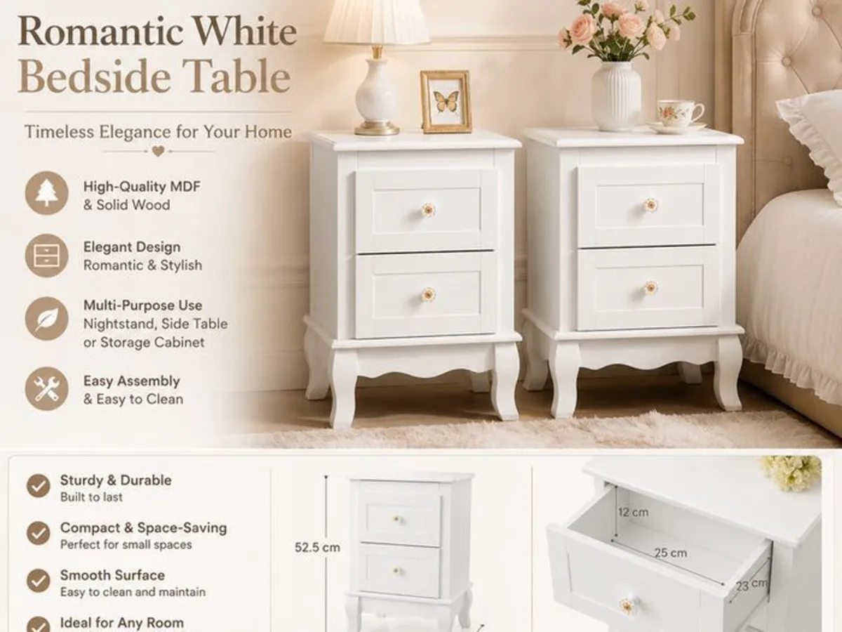 Set of 2 White Bedside Tables with Drawers Elegant - Image 4