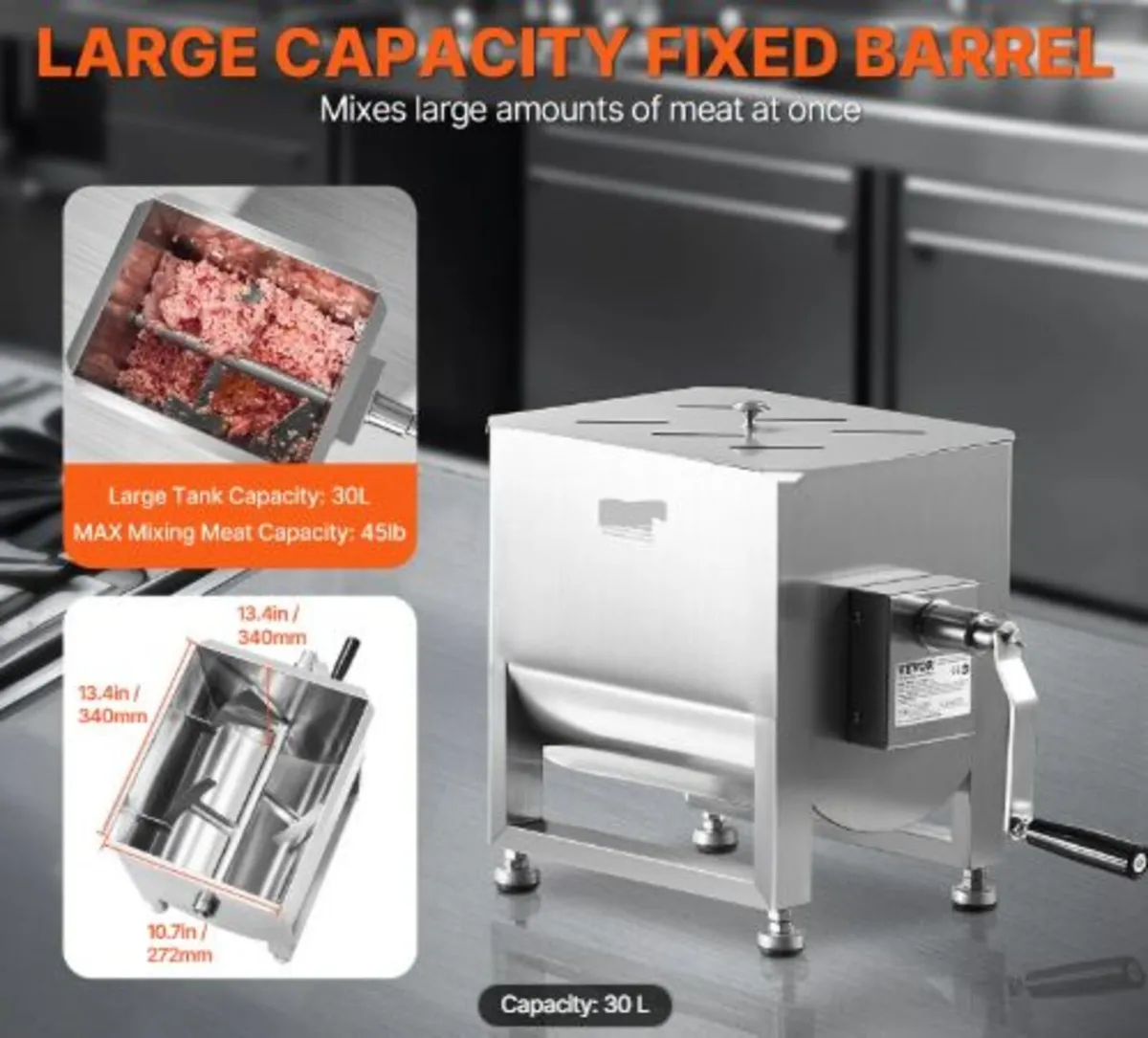 Manual Meat Mixer, 60L Fixed Tank Meat Processing - Image 2