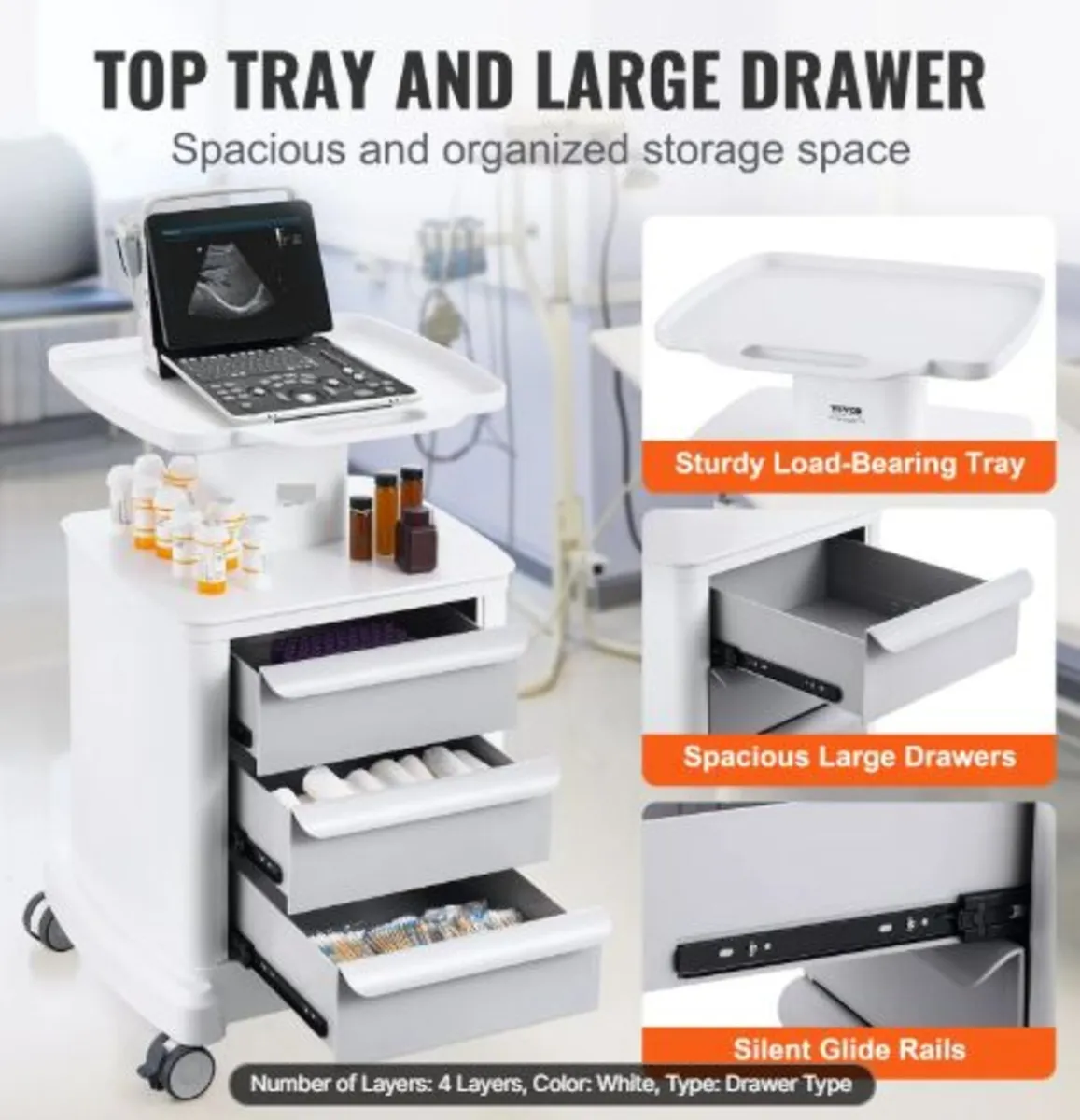 4 Tiers Lab Carts, Lab Utility Cart with 3 Drawers - Image 3