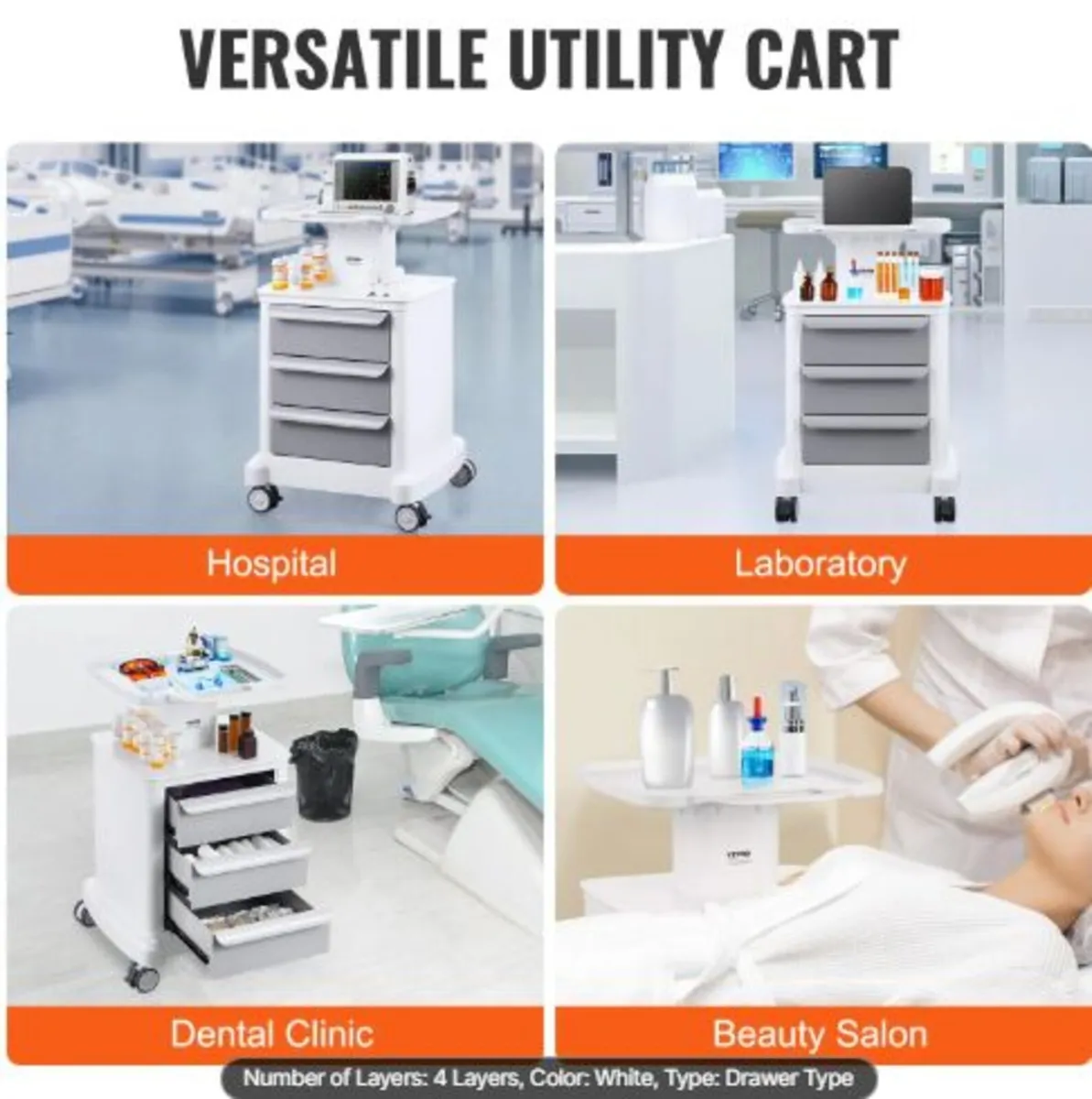 4 Tiers Lab Carts, Lab Utility Cart with 3 Drawers - Image 4