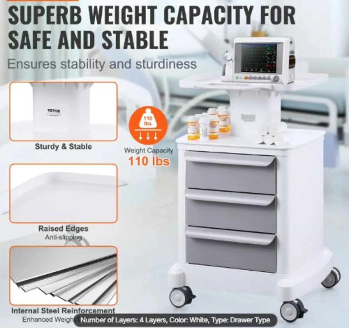 4 Tiers Lab Carts, Lab Utility Cart with 3 Drawers - Image 2