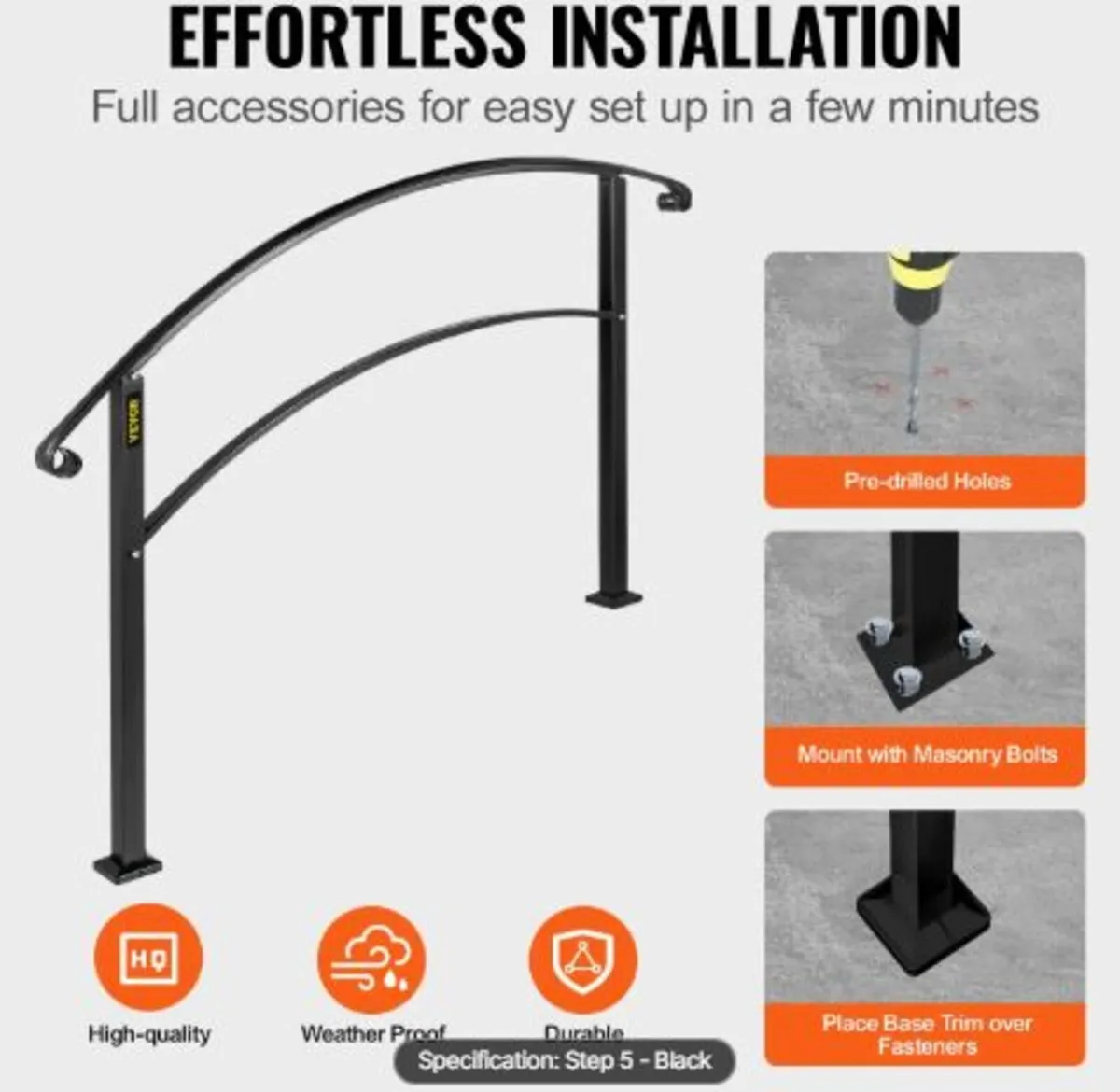 Handrails for Outdoor Steps, Fit 1 or 5 Steps - Image 2