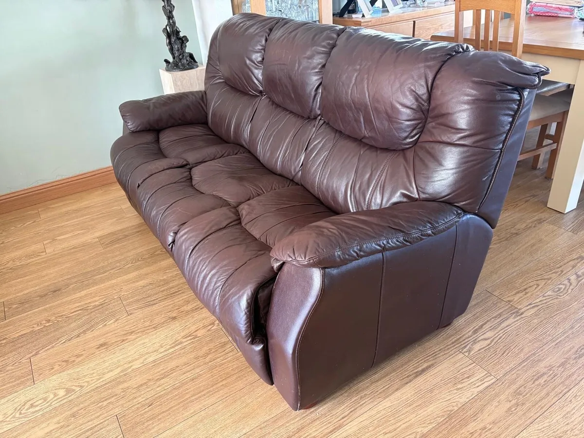 Brown leather three seater couch and armchair - Image 2