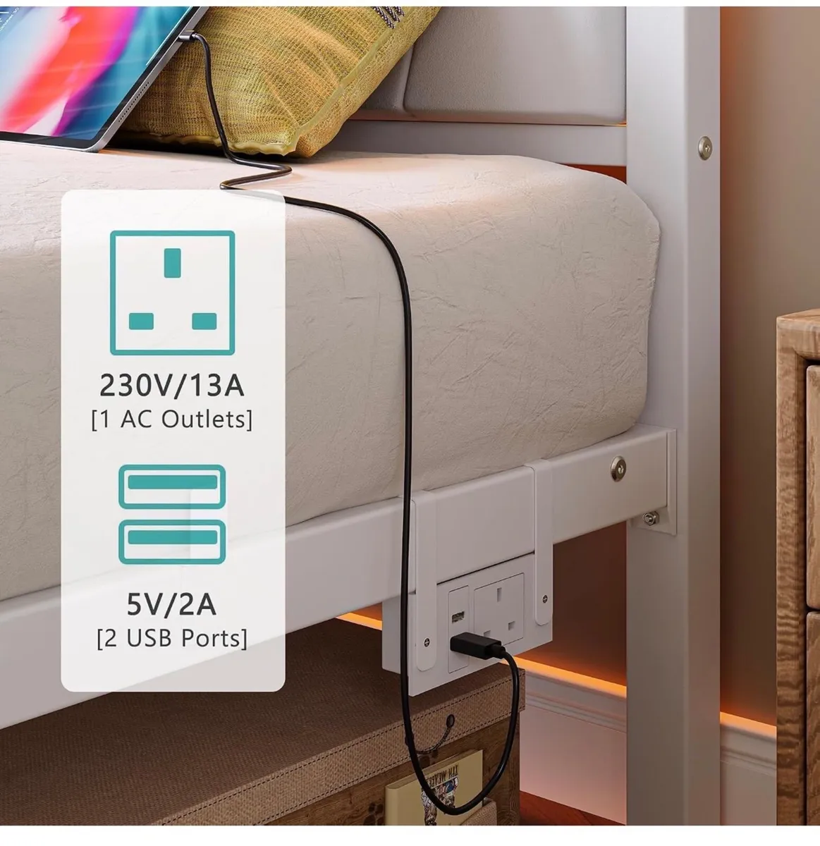 3FT Single Bed Frame with Storage Headboard, White - Image 4