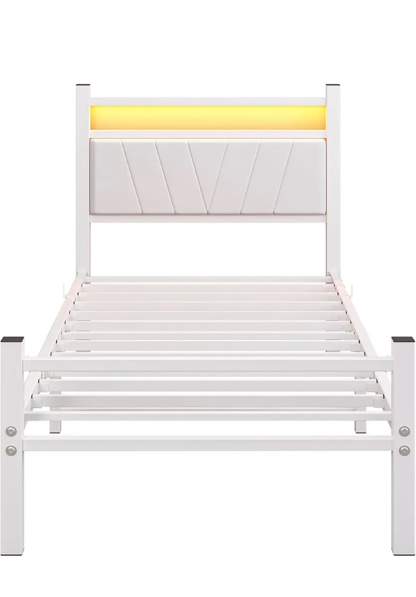 3FT Single Bed Frame with Storage Headboard, White - Image 2