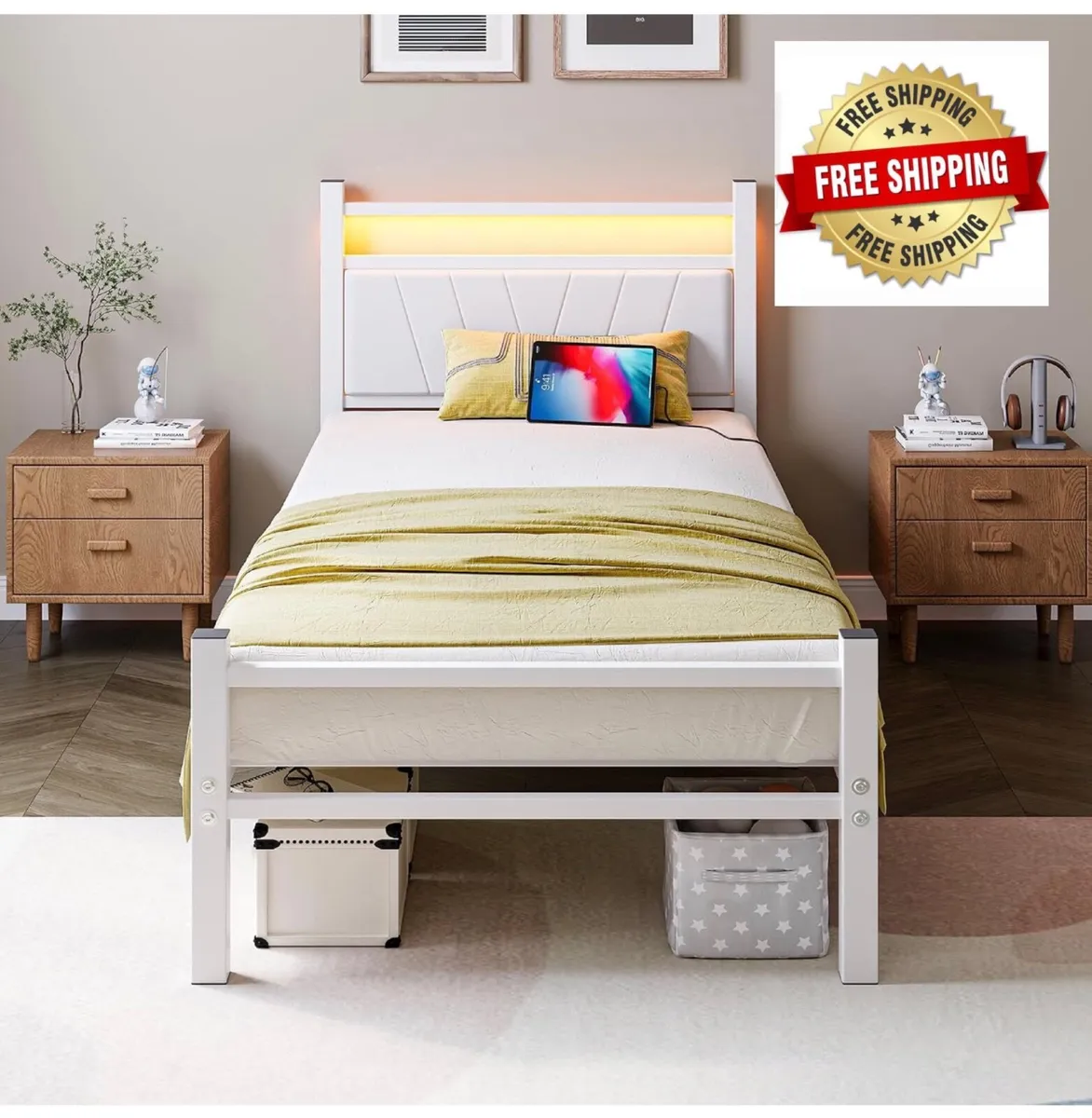 3FT Single Bed Frame with Storage Headboard, White - Image 1