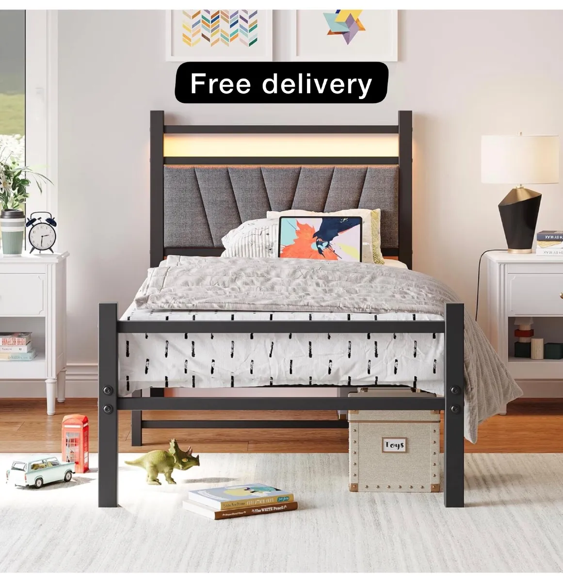 3FT Single Bed Frame with Storage Headboard, Black - Image 1
