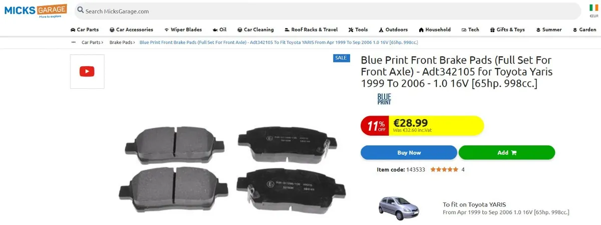 Toyota Yaris Front Brake Pads - Image 1