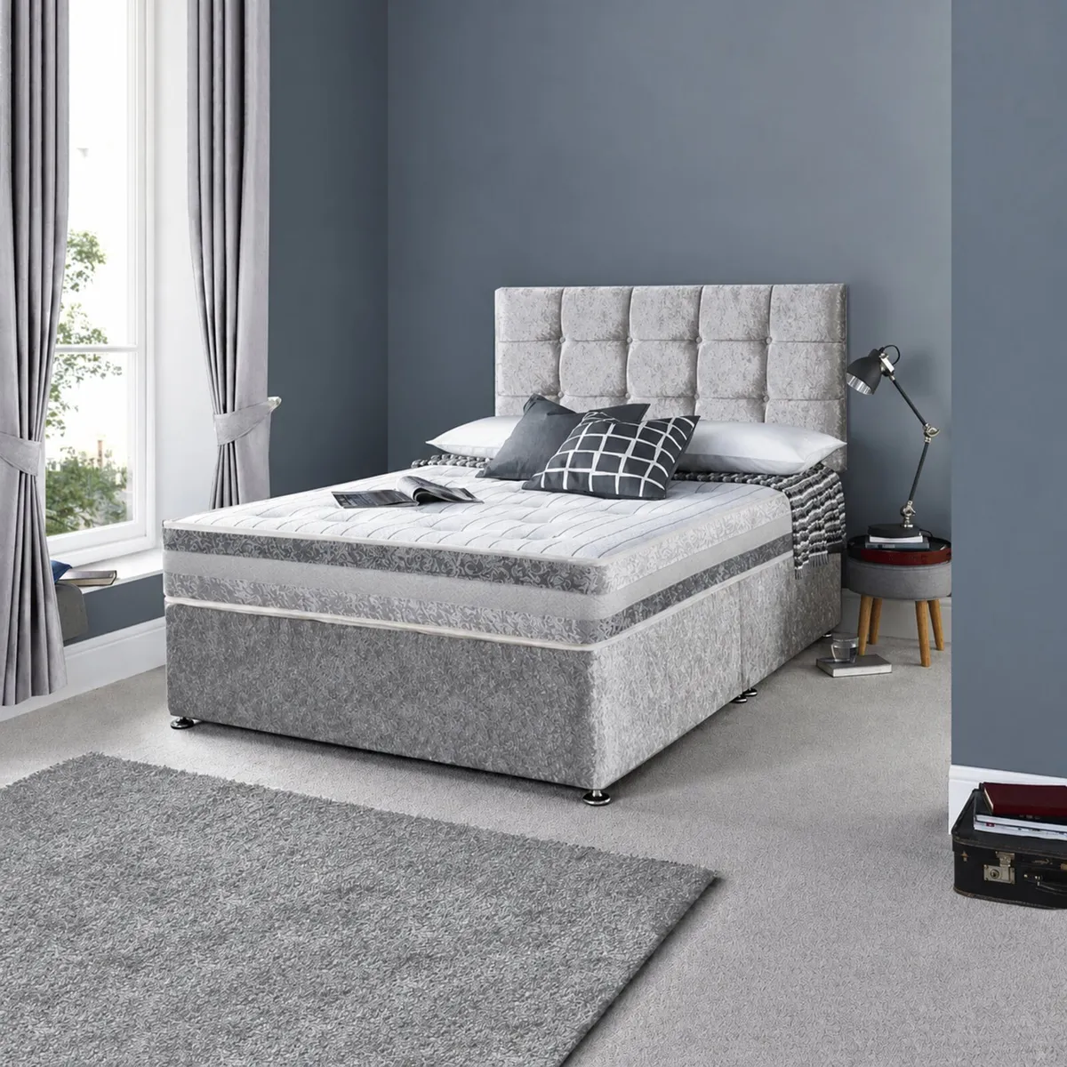 Silver Crushed Velvet Fabric Bed With Mattress