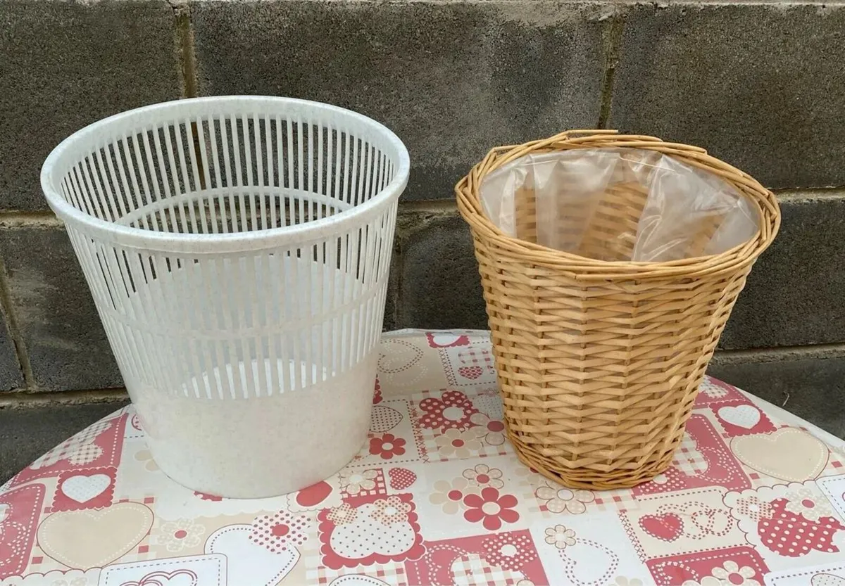 2 Waste Paper Bins Baskets, Plastic and Wicker - Image 1
