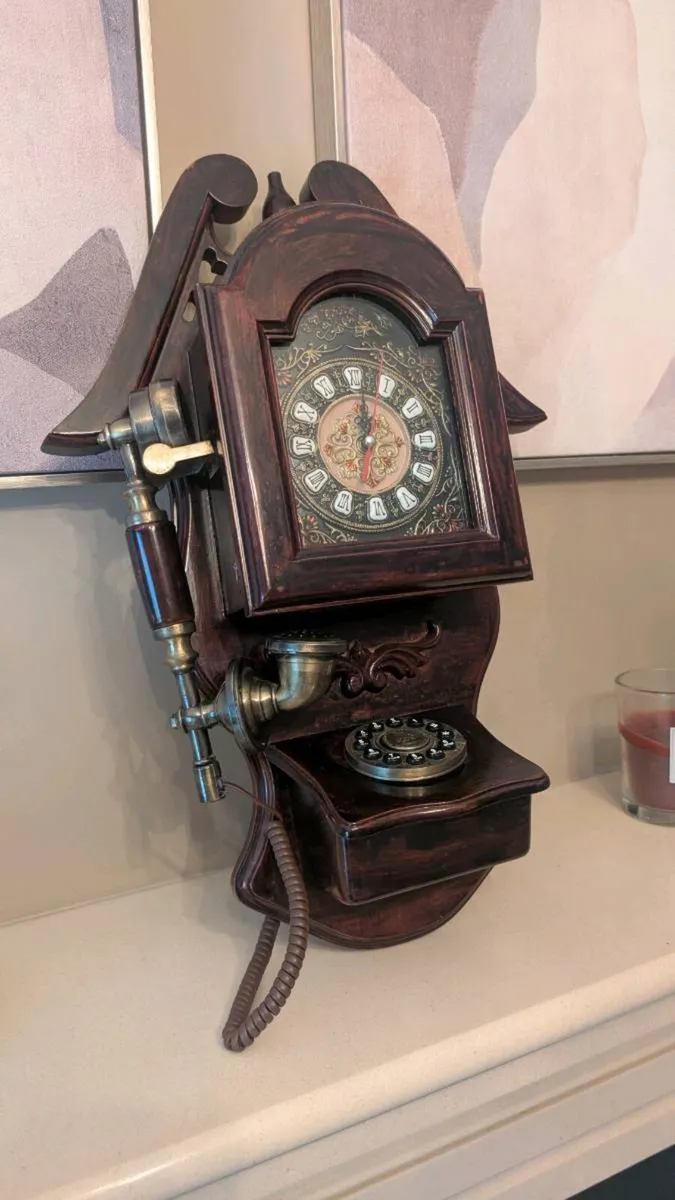 Ornate Vintage style Wooden Wall Telephone & Clock - Image 1