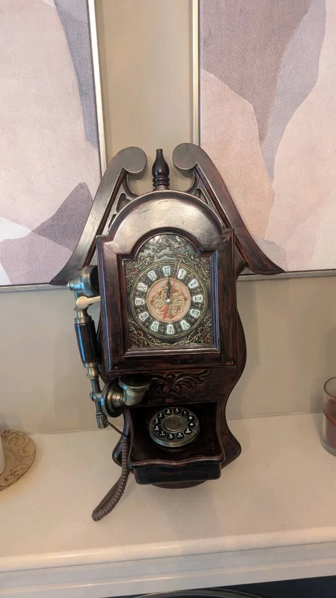 Ornate Vintage style Wooden Wall Telephone & Clock - Image 2