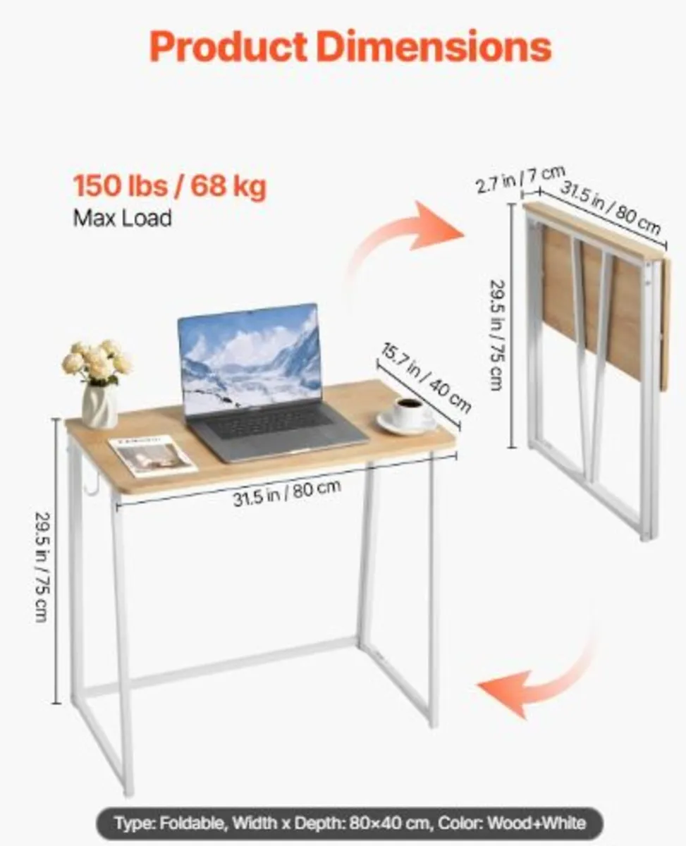 Folding Desk, 80 cm Small Foldable Table Compact - Image 3