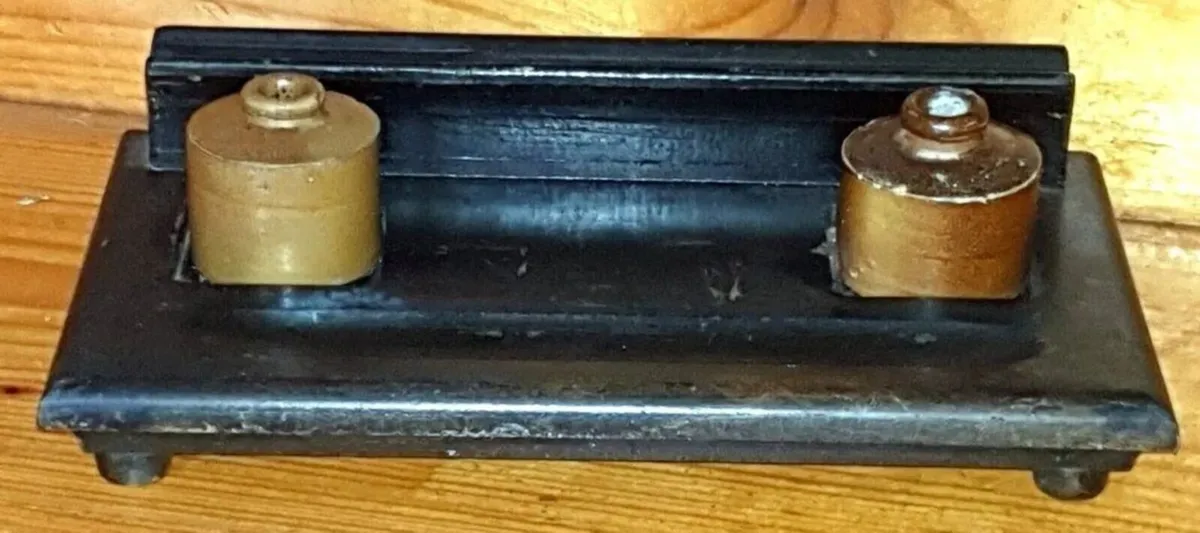 Antique Wooden Double Inkwell Desk Stand - Image 2