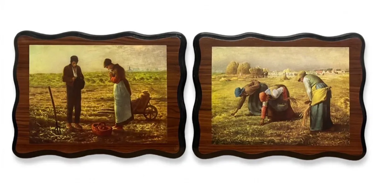 Pair vintage prints on wooden plaques