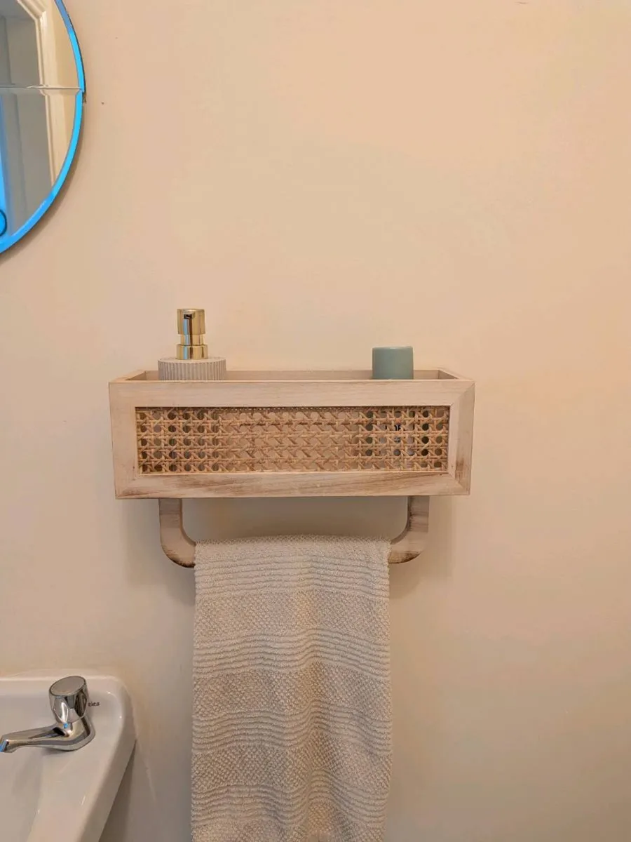 Boho Wooden Wall Shelf with Rattan Detail & Towel - Image 1