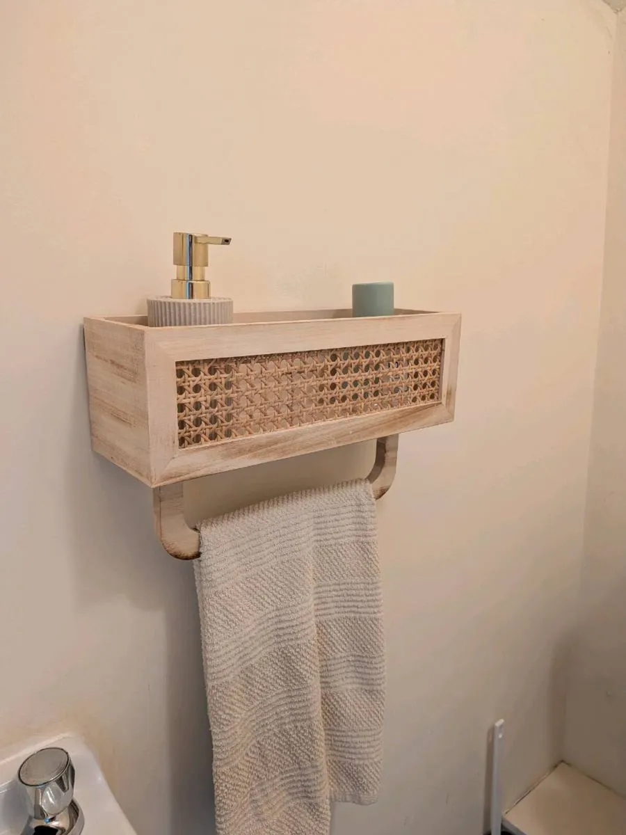 Boho Wooden Wall Shelf with Rattan Detail & Towel - Image 2