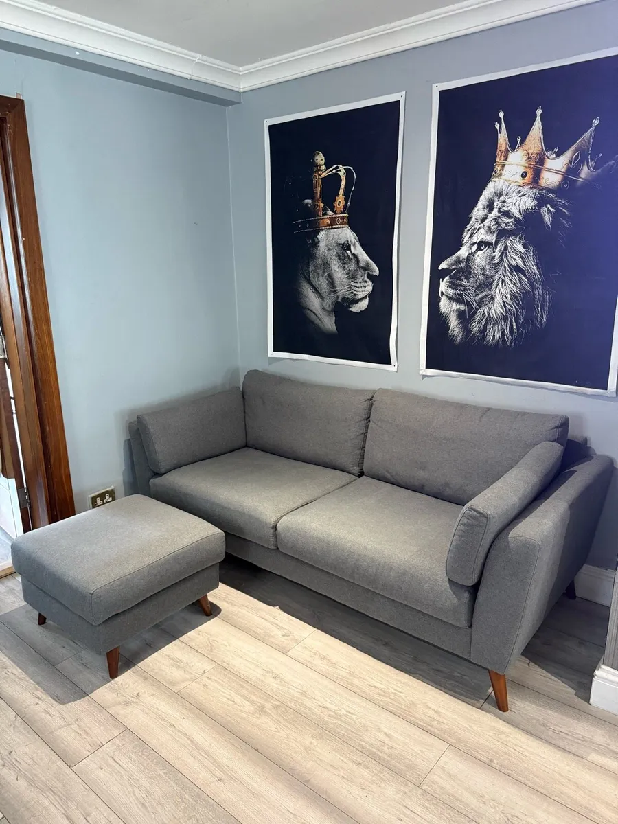 Grey 3-Seater Sofa with Matching Footstool - Image 2