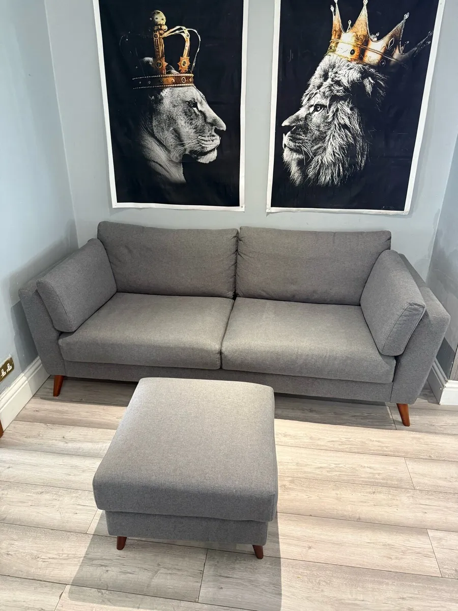 Grey 3-Seater Sofa with Matching Footstool - Image 3