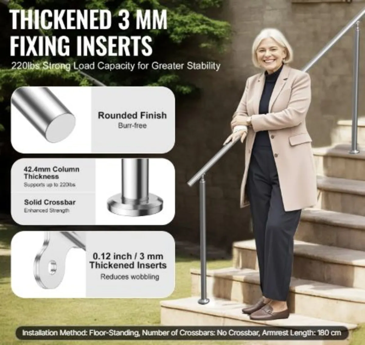 Handrails for Outdoor Steps, 70.9 in/ 180cm Length - Image 3