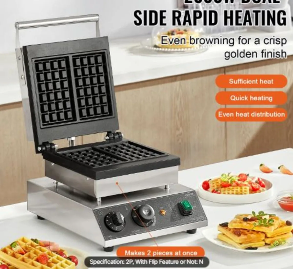 Commercial Waffle Maker, 2PCS Rectangle Waffle - Image 4