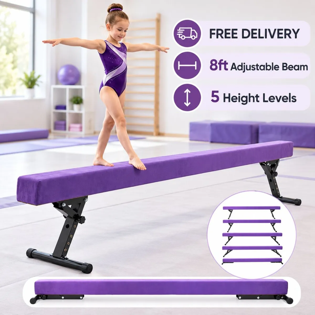 Adjustable Gymnastics Balance Beam for Kids 8ft Pu - Image 1