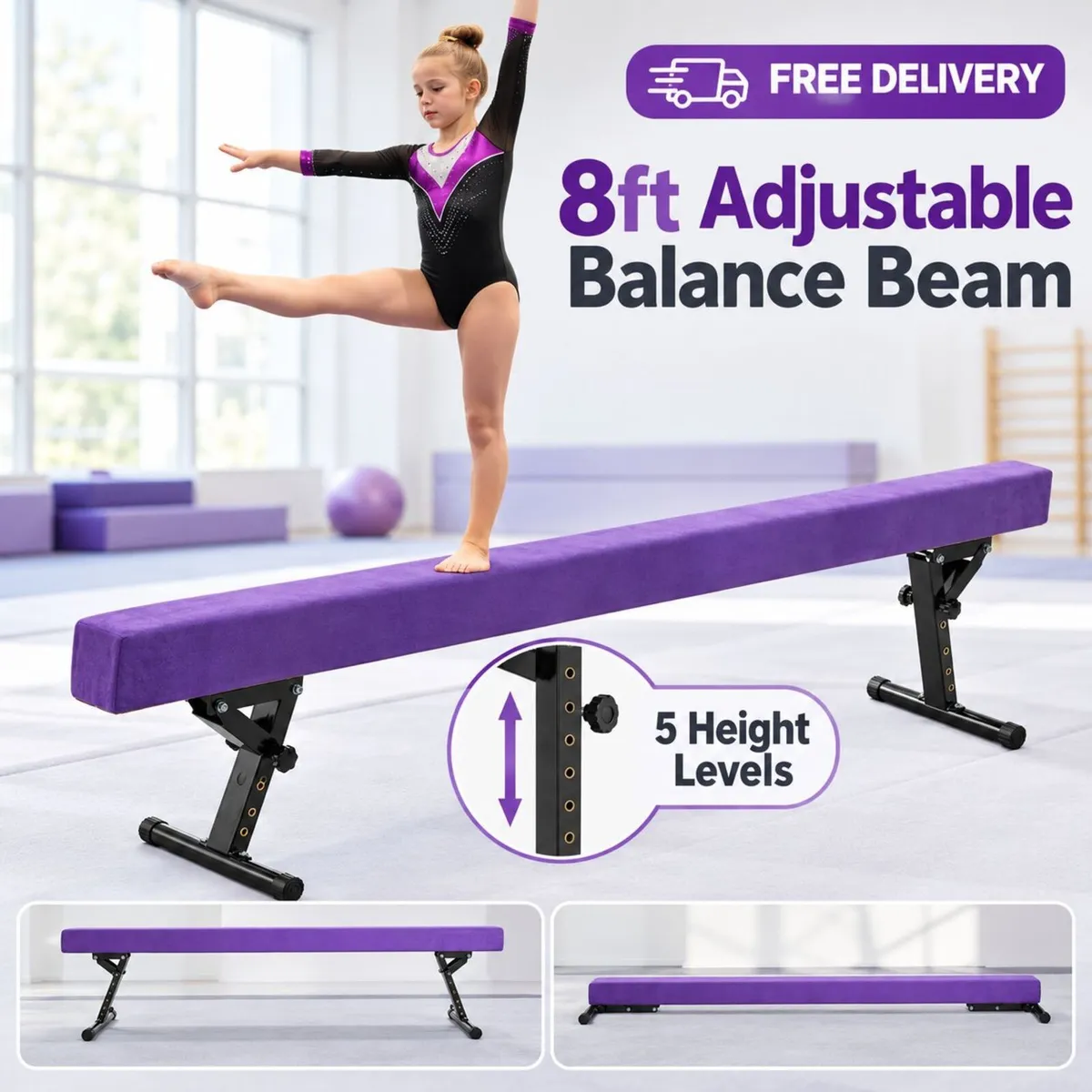 Adjustable Gymnastics Balance Beam for Kids 8ft Pu - Image 2