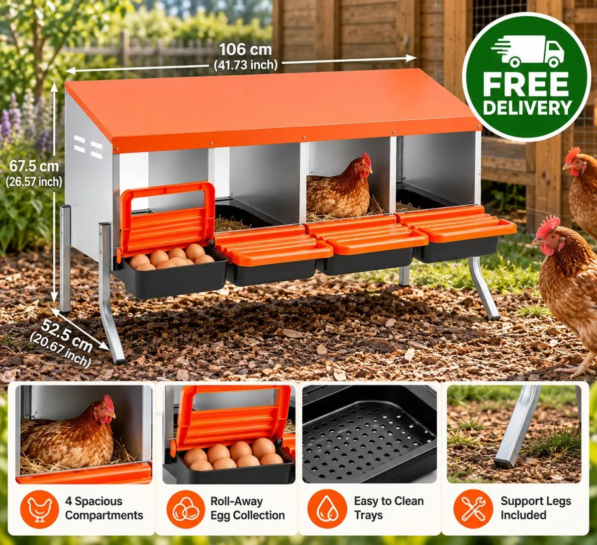 4 Compartment Chicken Nesting Box with Support Leg - Image 2
