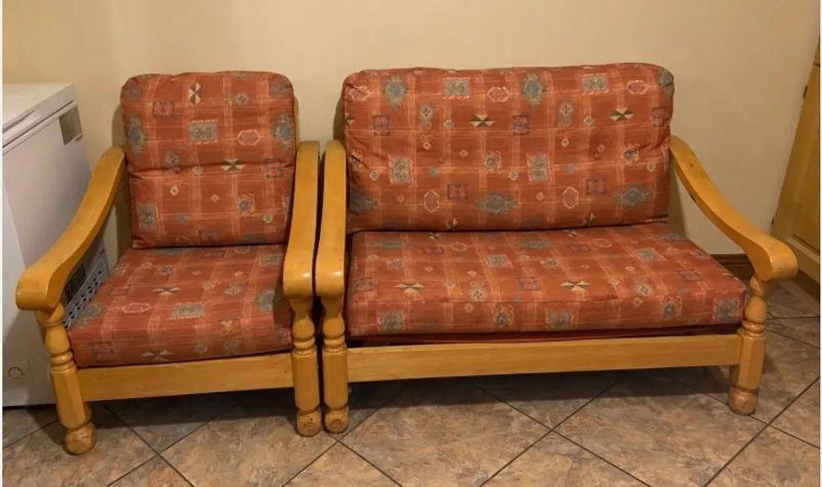 Wooden Two-Seater Sofa & Matching Armchair