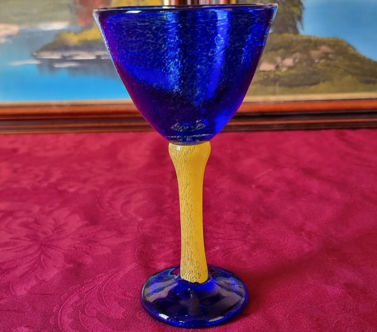 Murano Style Cobalt Blue &Yellow Glass Stem Goblet - Image 1