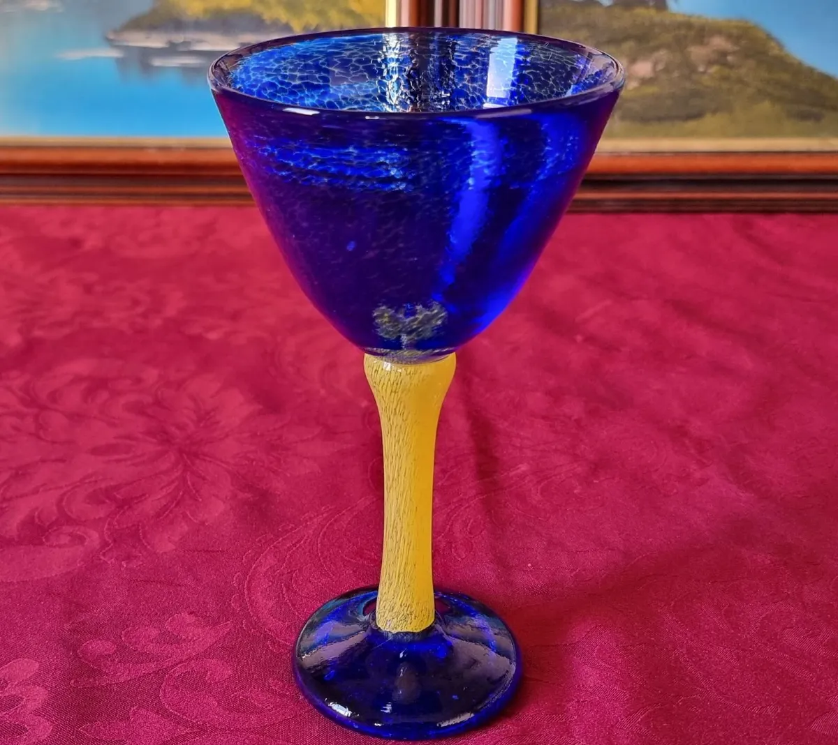 Murano Style Cobalt Blue &Yellow Glass Stem Goblet - Image 2