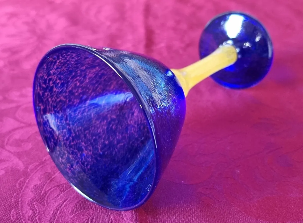 Murano Style Cobalt Blue &Yellow Glass Stem Goblet - Image 4