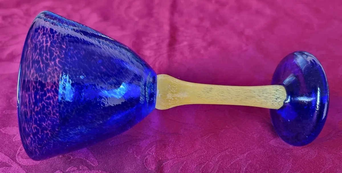 Murano Style Cobalt Blue &Yellow Glass Stem Goblet - Image 3