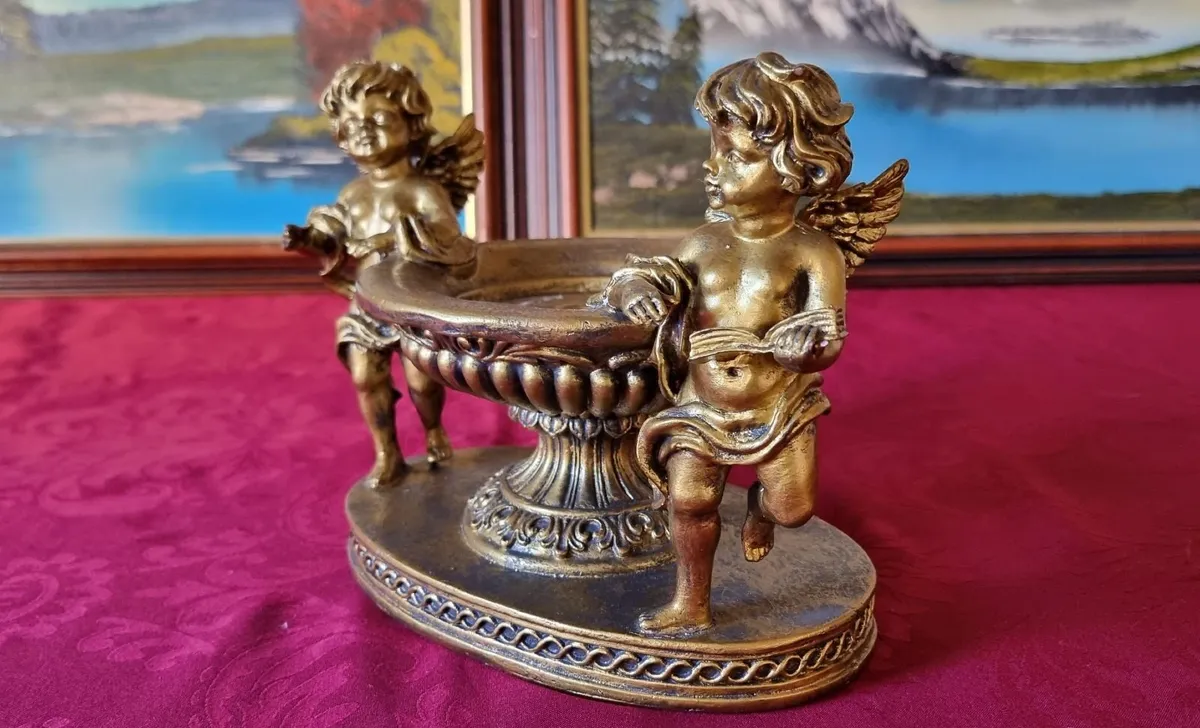 Cherub Golden Pedestal Candle Holder Made In Spain - Image 3