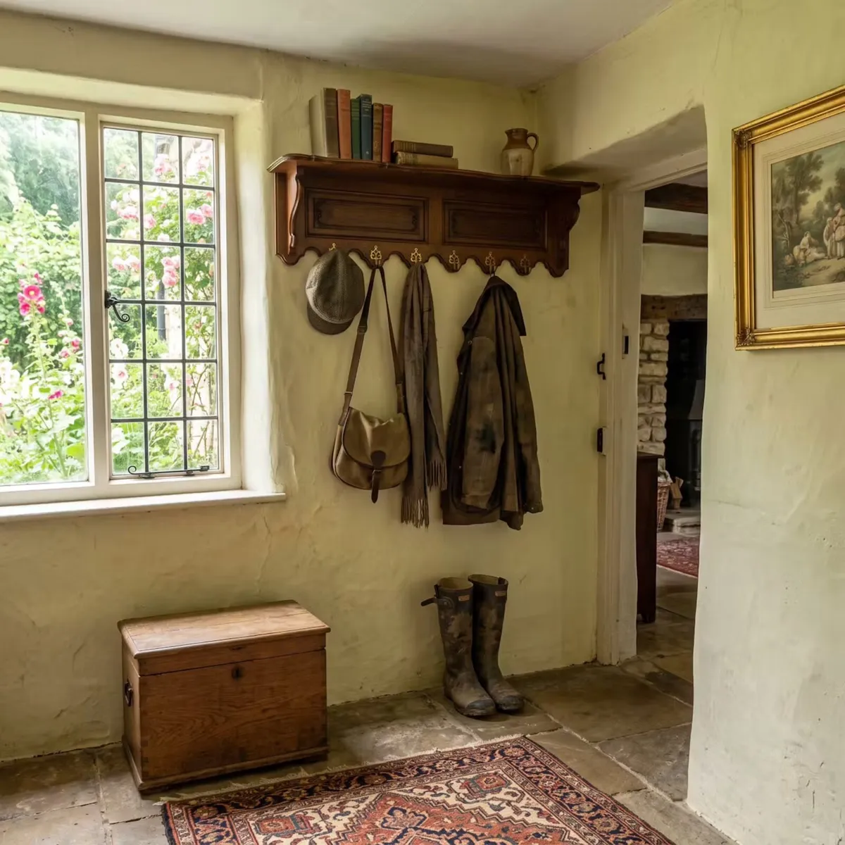 Very nice old hand carved coatrack with shelf - Image 1