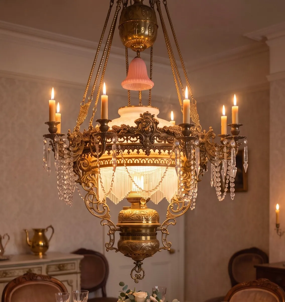 The is a very large old  brass coolie lamp. - Image 1