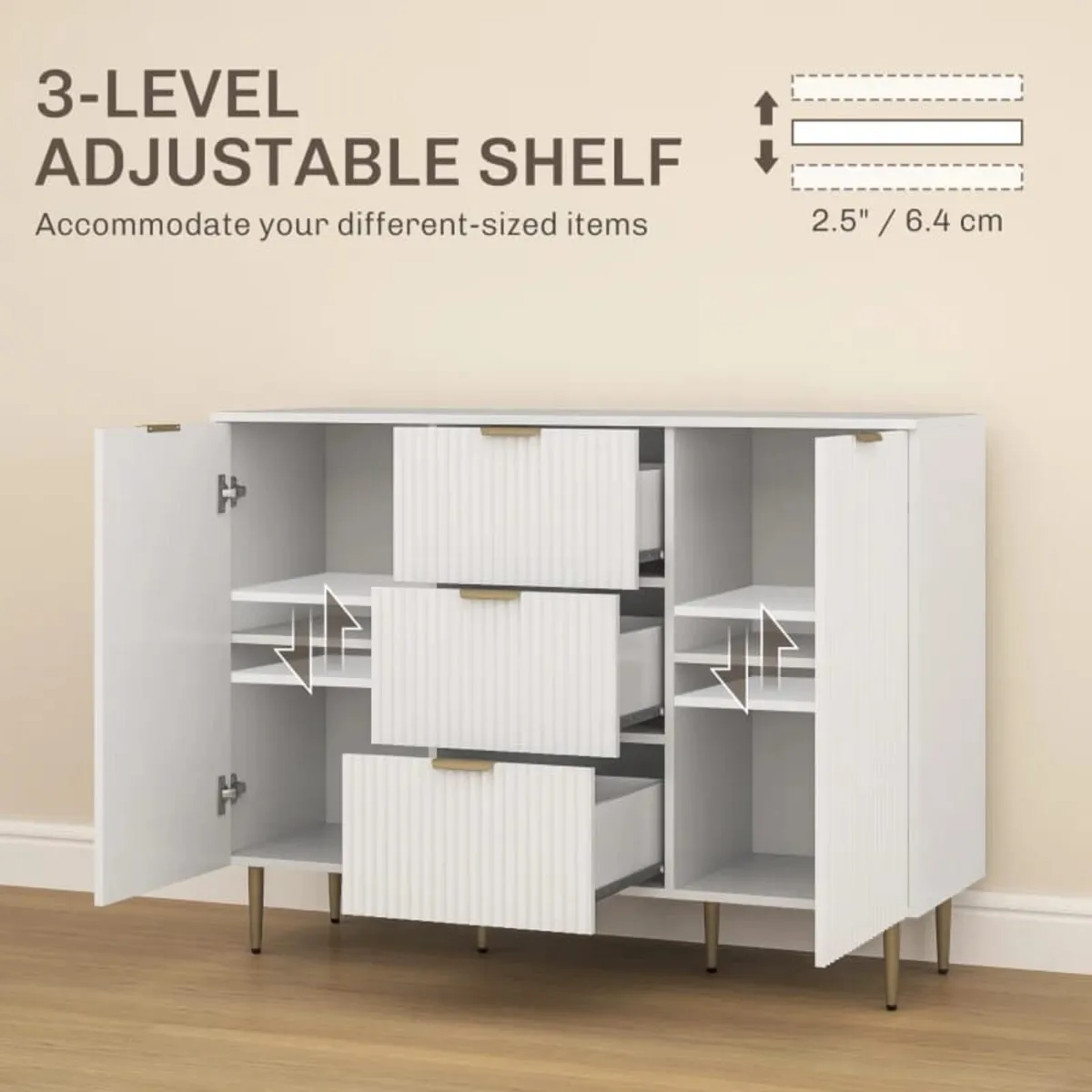 2-Door Sideboard with 3 Drawers and Adjustable She - Image 2