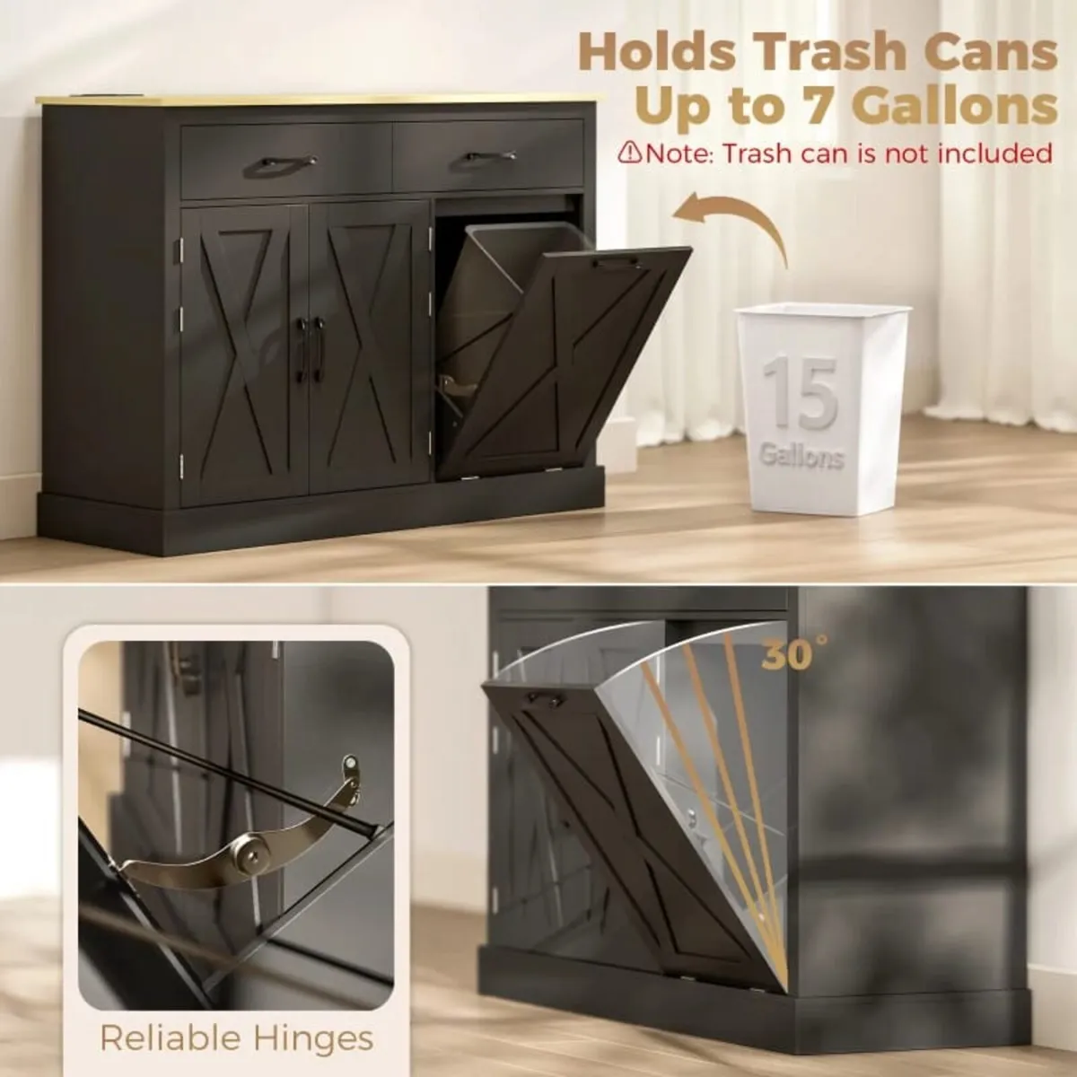 Tilt Out Trash Cabinet with Charging Station Black - Image 3