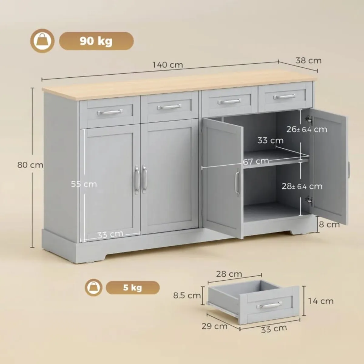 Grey Sideboard Buffet Cabinet, 140 cm Kitchen Stor - Image 2